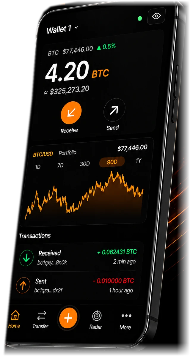 bit21 wallet home screen showing a Bitcoin balance and price chart