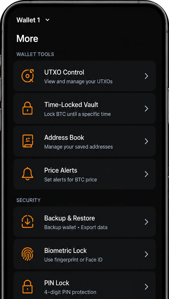 bit21 wallet tools screen with UTXO control, time-locked vault and price alerts
